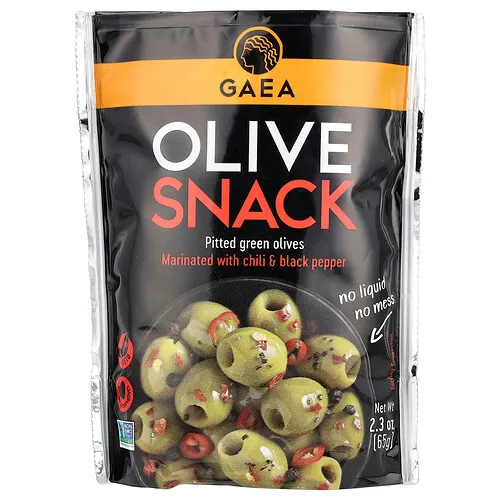 Gaea, Snacks de Aceituna, Aceitunas verdes sin hueso, marinadas con chile & pimienta negra, 2.3 oz (65 g)