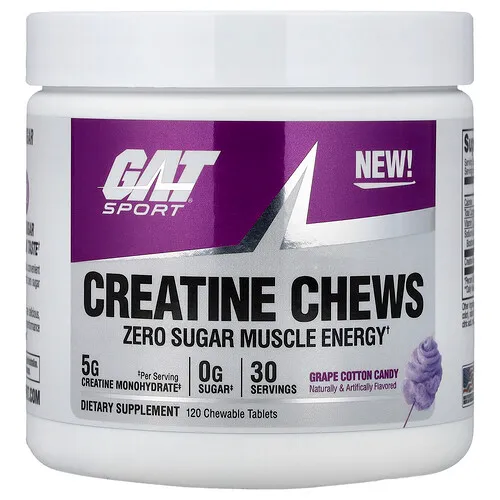 GAT, Sport, Creatina en comprimidos masticables, Uva algodón de azúcar, 120 comprimidos masticables