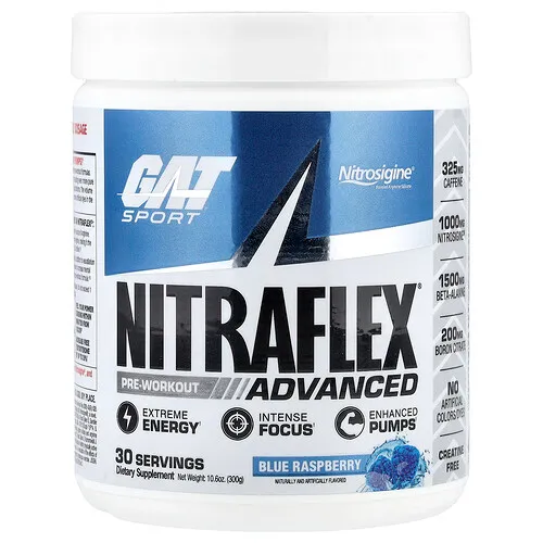 GAT, Sport, NITRAFLEX® Advanced, Suplemento preentrenamiento, Frambuesa azul, 300 g (10,6 oz)