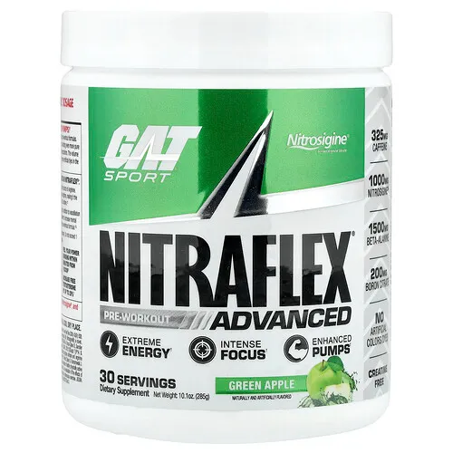 GAT, Sport, NITRAFLEX® Advanced, Suplemento preentrenamiento, Manzana verde, 285 g (10,1 oz)