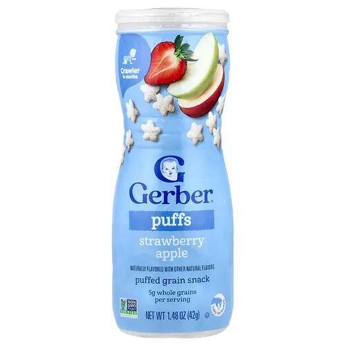 Gerber, Bocadillos, Bocadillo de cereales inflados, Más de 8 meses, Fresa y manzana, 42 g (1,48 oz)