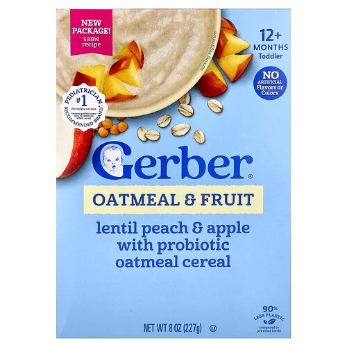 Gerber, Cereal de avena y frutas con probióticos, Más de 12 meses, Lentejas, melocotón y manzana, 227 g (8 oz)