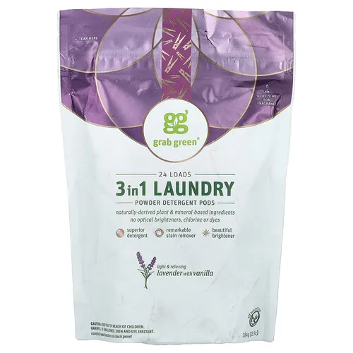 Grab Green, Cápsulas de detergente para la ropa 3 en 1, Lavanda con vainilla, 24 cargas, 384 g (13,5 oz)