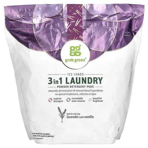 Grab Green, Cápsulas de detergente de ropa 3-1, lavanda, 132 lavados, 5 libras (2376 g)