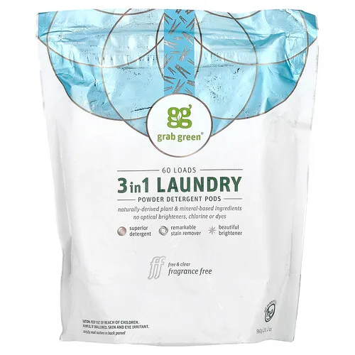 Grab Green, Cápsulas de detergente para la ropa 3 en 1, Sin fragancia, 60 cargas, 1080 g (2 lb)