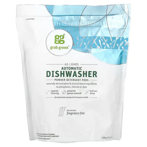 Grab Green, Cápsulas de detergente en polvo para lavavajillas automáticos, Sin fragancia, 60 cargas, 1080 g (2 lb 6 oz)