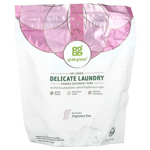 Grab Green, Cápsulas de detergente en polvo para ropa delicada, Sin fragancia, 60 cargas, 600 g (1 lb 4 oz)