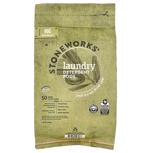 Grab Green, Stoneworks, Cápsulas de detergente para la ropa, Hoja de olivo`` 50 cargas, 750 g (1,65 lb)