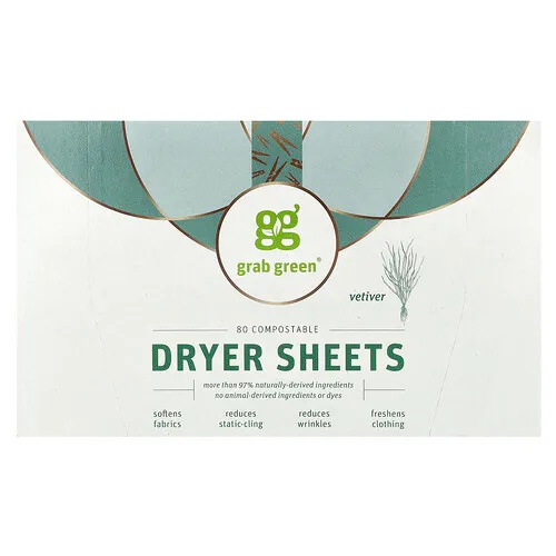 Grab Green, Láminas para secadora, Vetiver, 80 láminas compostables