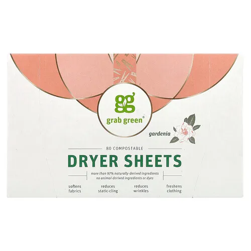 Grab Green, Toallitas para secadora, Gardenia, 80 toallitas compostables