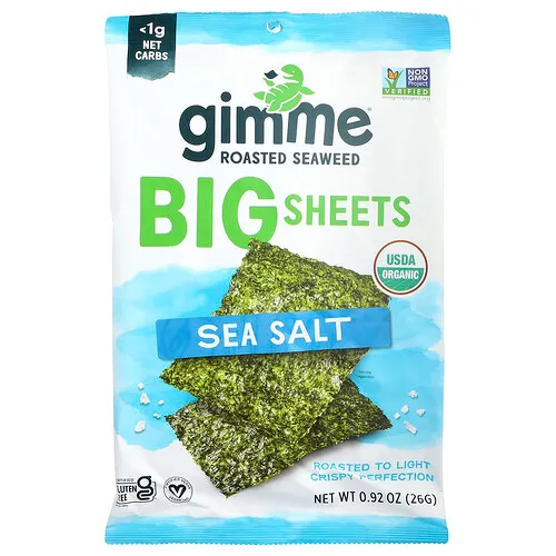 gimMe, Algas marinas tostadas prémium, Láminas grandes, Sal marina, 26 g (0,92 oz)