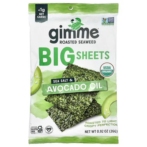 gimMe, Bocadillos de algas tostadas, Láminas grandes, Sal marina y aceite de aguacate, 26 g (0,92 oz)