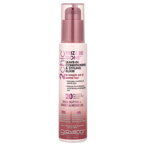 Giovanni, 2chic®, Frizz Be Gone™, Elixir acondicionador y de peinado sin enjuague, Manteca de karité y aceite de almendra dulce, 118 ml (4 oz. líq.)