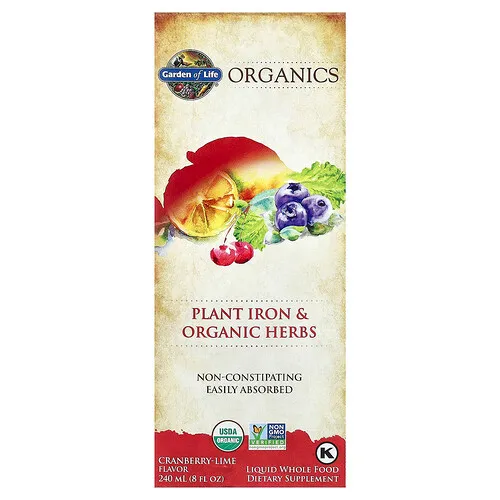 Garden of Life, Organics, Hierro vegetal y hierbas orgánicas, Arándano rojo y lima, 240 ml (8 oz. líq.)