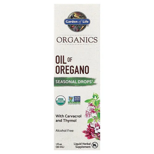 Garden of Life, Producto orgánico, Aceite de orégano, Gotas estacionales, Sin alcohol, 30 ml (1 oz. líq.)