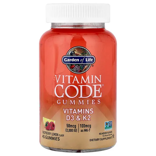 Garden of Life, Vitamin Code®, Gomitas, Vitaminas D3 y K2, Frambuesa y limón, 45 gomitas