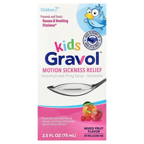 Gravol, Niños, Alivio para el mareo por movimiento, Niños de 2 años en adelante, Frutas mixtas, 75 ml (2,5 oz. líq.)