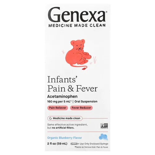Genexa, Dolor y fiebre para bebés, Arándano azul orgánico, 160 mg, 59 ml (2 oz. líq.)