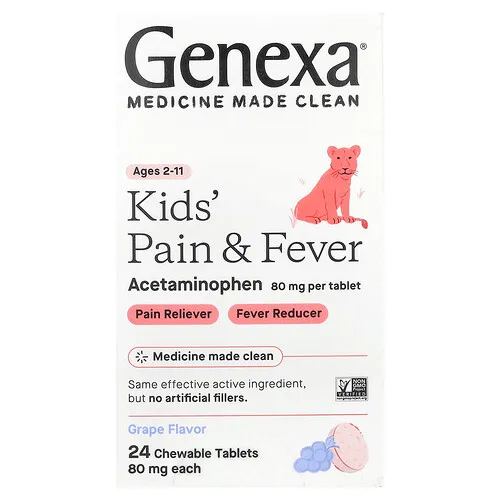 Genexa, Para aliviar el dolor y la fiebre en niños, De 2 a 11 años, Uva, 80 mg, 24 comprimidos masticables