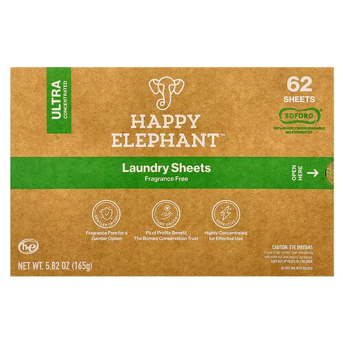 Happy Elephant, Toallitas para la ropa, Sin fragancia, 62 hojas, 165 g (5,82 oz)