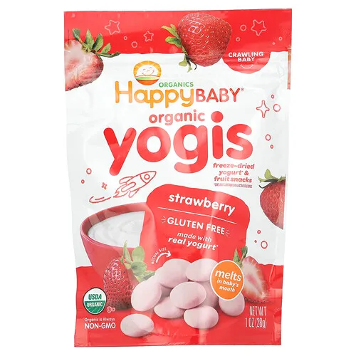 Happy Family Organics, Happy Baby®, Organic Yogis, Yogis orgánicos, Yogur liofilizado y bocadillos de frutas, Bebé que gatea, Fresa, 28 g (1 oz)