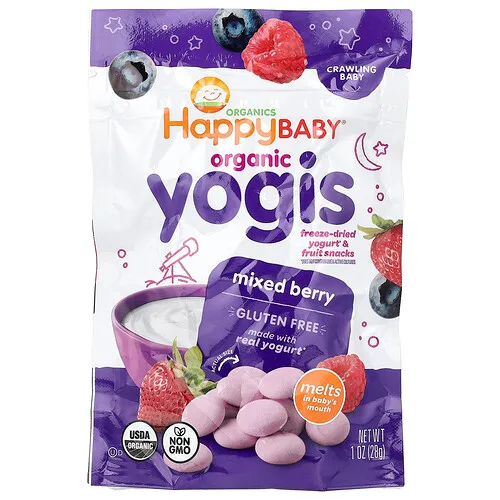 Happy Family Organics, Happy Baby®, Yoguis orgánicos, Bocadillos liofilizados de yogur y frutas, Para bebés que gatean, Bayas mixtas, 28 g (1 oz)
