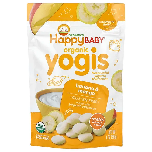 Happy Family Organics, Happy Baby®, Yoguis orgánicos, Bocadillos liofilizados de yogur y frutas, Para bebés que gatean, Plátano y mango, 28 g (1 oz)