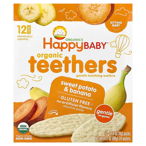 Happy Family Organics, Happy Baby®, Obleas para la dentición orgánicas, Obleas suaves para la dentición, Batata y plátano, 12 paquetes, 4 g (0,14 oz) cada uno