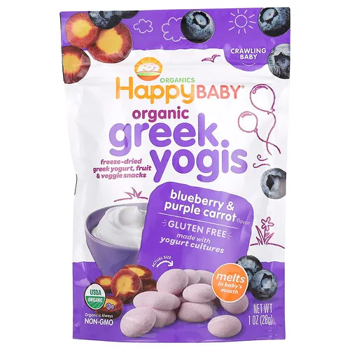 Happy Family Organics, Happy Baby®, Yogis griegos orgánicos, Happy Baby®, Bebé que gatea, Arándano azul y zanahoria morada, 28 g (1 oz)