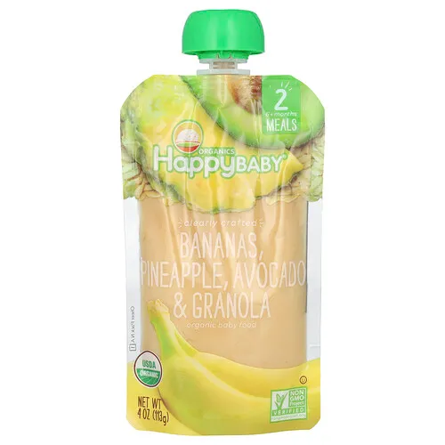 Happy Family Organics, Happy Baby®, Comida orgánica para bebés, 6 meses en adelante, Plátanos, piña, aguacate y granola, 113 g (4 oz)