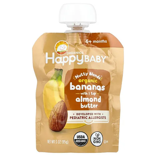 Happy Family Organics, Happy Baby®, Nutty Blends™, 6 meses en adelante, Plátanos orgánicos con 1/2 cdta. de mantequilla de almendras, 85 g (3 oz)