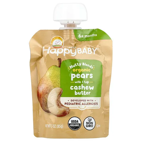 Happy Family Organics, Happy Baby®, Nutty Blends™, 6 meses en adelante, Peras orgánicas y mantequilla de castañas de cajú, 85 g (3 oz)