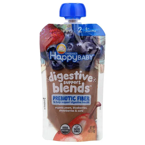 Happy Family Organics, Happy Baby®, Digestive Support Blends™, 6 meses en adelante, Peras, arándanos azules, fresas y avena orgánicos, 113 g (4 oz)