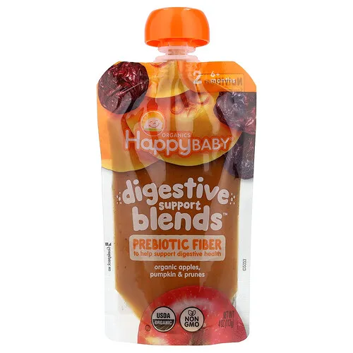 Happy Family Organics, Happy Baby®, Digestive Support Blends™, 6 meses en adelante, Manzanas, calabaza y ciruelas pasas orgánicas, 113 g (4 oz)
