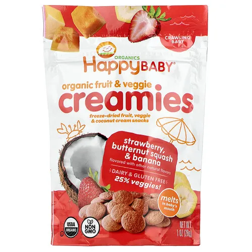 Happy Family Organics, Happy Baby, Cremosos de frutas y vegetales orgánicos, Bebé que gatea, Fresa, calabaza moscada y plátano, 28 g (1 oz)