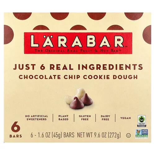 Larabar, Real Fruit & Nut Bar™, Masa de galleta con chips de chocolate, 6 barritas, 45 g (1,6 oz) cada una