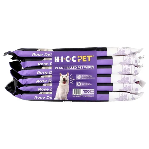 HICC Pet, Toallitas a base de plantas para mascotas, Para perros y gatos, Rosa damascena, 6 paquetes, 20 toallitas cada uno