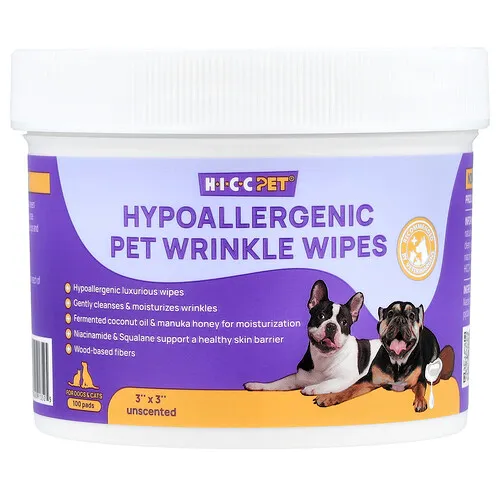 HICC Pet, Toallitas antiarrugas hipoalergénicas para mascotas, Para perros y gatos, Sin fragancia, 100 almohadillas