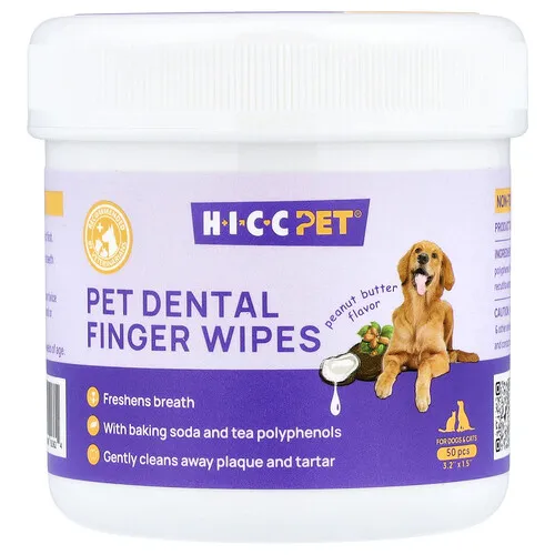 HICC Pet, Toallitas dentales para mascotas, Para perros y gatos, Mantequilla de maní, 50 piezas