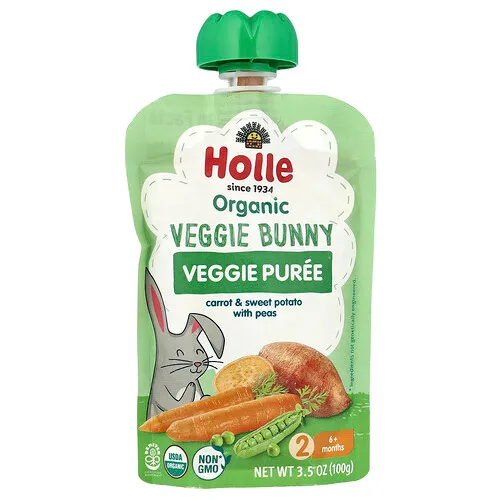 Holle, Puré de vegetales orgánicos, Conejito vegetal, 6 meses en adelante, Zanahoria y batata con guisantes, 100 g (3,5 oz)