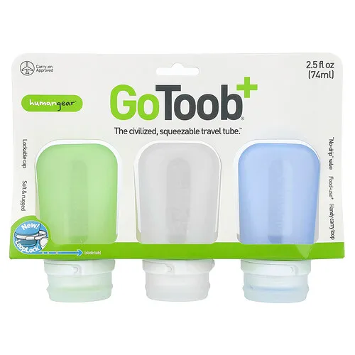 Humangear, GoToob+®, Tubos para viajes, Medianos, Verde, transparente y azul, Paquete de 3, 74 ml (2,5 oz. líq.) cada uno