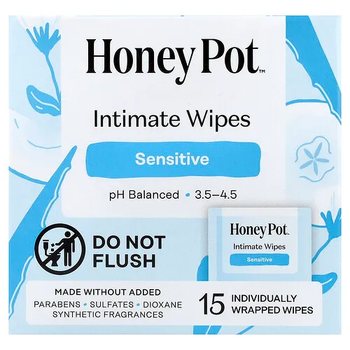 The Honey Pot Company, Toallitas íntimas, Piel sensible, 15 toallitas en envases individuales