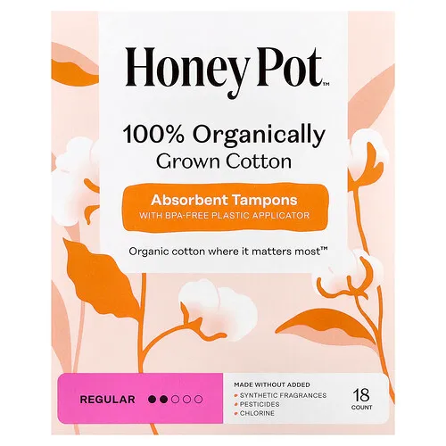 The Honey Pot Company, Tampones absorbentes regulares de algodón 100 % cultivado de manera orgánica, 18 unidades