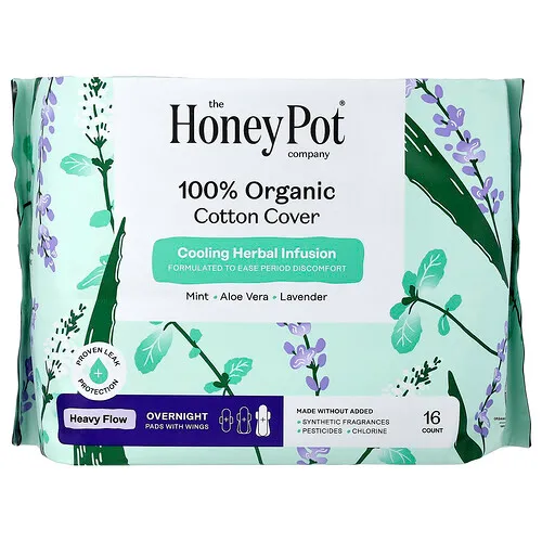 The Honey Pot Company, Toallas femeninas absorbentes con alas con cubierta de algodón 100 % orgánico para la noche, 16 unidades