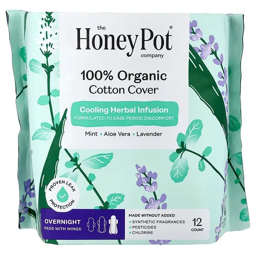 The Honey Pot Company, Infusiones refrescantes de hierbas orgánicas, Toallas femeninas con alas, Para la noche, 12 unidades
