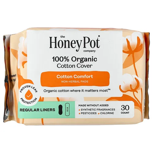 The Honey Pot Company, Protectores diarios de algodón 100 % orgánico, Protectores sin hierbas, Regulares, 30 unidades