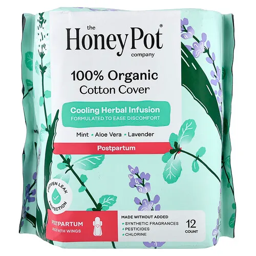 The Honey Pot Company, Infusión de hierbas refrescantes orgánicas, Compresas con alas, Posparto, 12 unidades