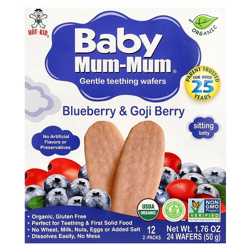 Hot Kid, Baby Mum-Mum®, Obleas suaves para la dentición, Arándano azul y baya de goji, 12 paquetes, 2 obleas cada uno