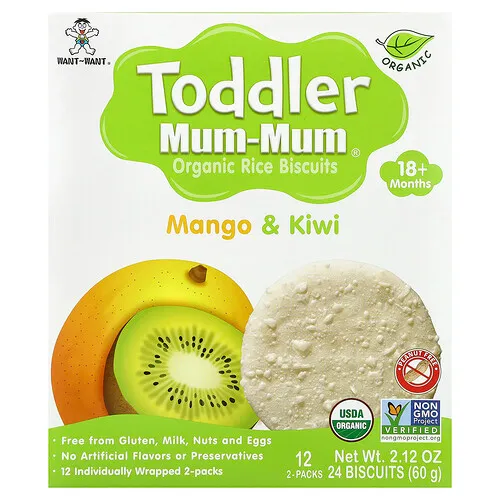Hot Kid, Toddler Mum-Mum®, Galletas de arroz orgánico, 18 meses en adelante, Mango y kiwi, 12 paquetes, 2 galletas cada uno