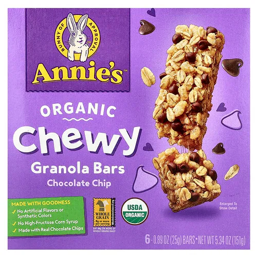 Annie's Homegrown, Barras de granola masticables orgánicas, Chispas de chocolate`` 6 barras, 25 g (0,89 oz) cada una